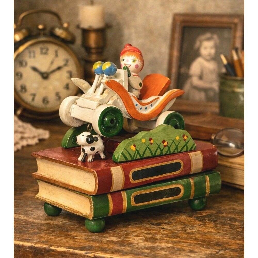 Vintage Jay Import Co Wooden Clown Car Music Box on Stacked Books WORKS